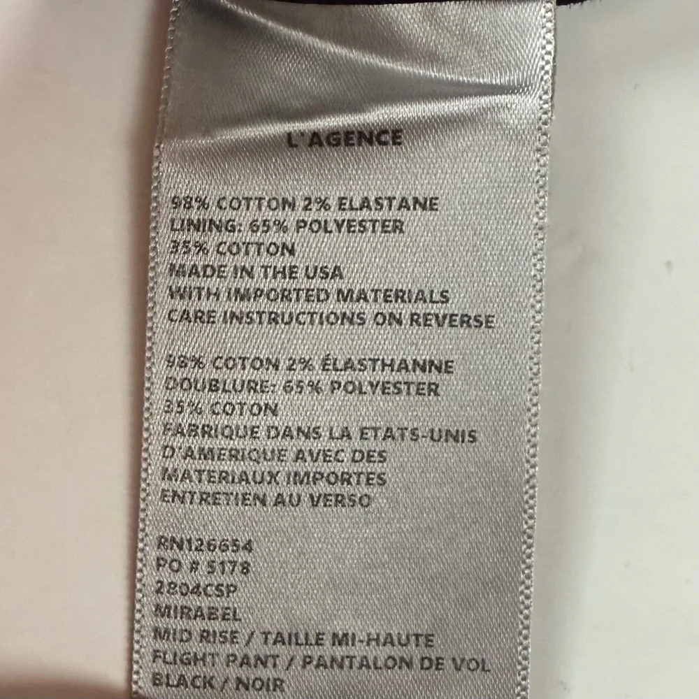 L'Agence Pants Womens 23 Black Mirabel Mid Rise Flight Pant Elastic Hem Cotton